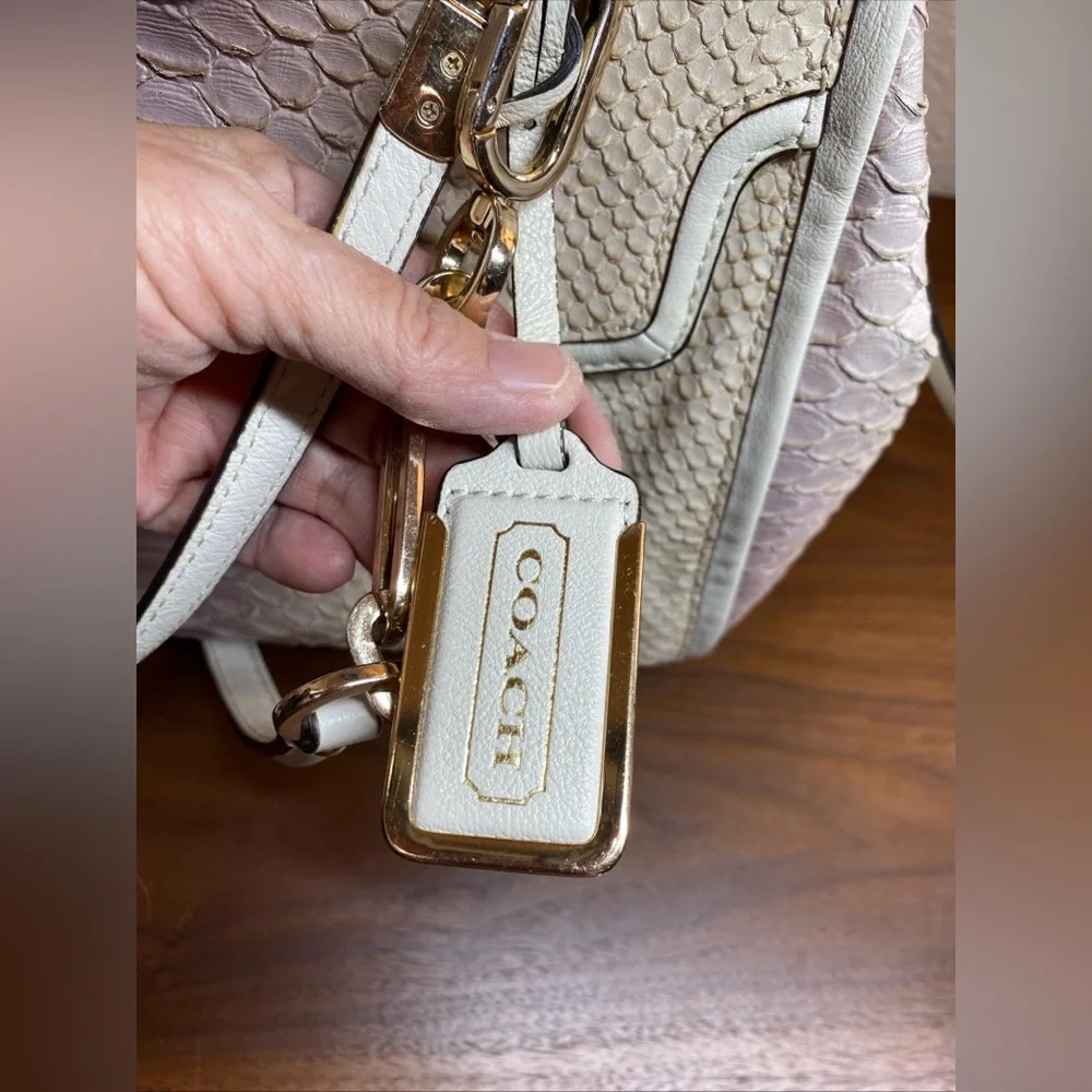 Coach Madison Textured Embossed Python Satchel Bag Ivory Purple Large Charms‎